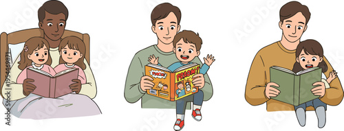 Parents reading books with children illustration set, family storytelling and bedtime reading moments with kids isolated on white background, parenting education concept