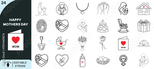 Happy mothers day family love care line art style vector icon pack bundle for beautiful holiday greeting designs