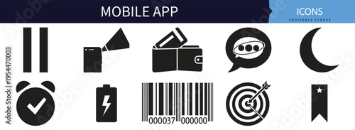 Mobile app action user interface digital settings navigation and menu vector icon set collection for smart smartphone design