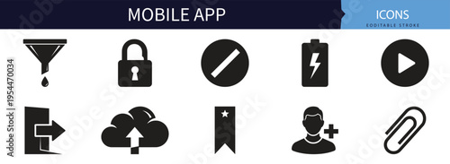 Smartphone mobile app action user interface navigation menu and settings vector icon pack bundle for modern web development