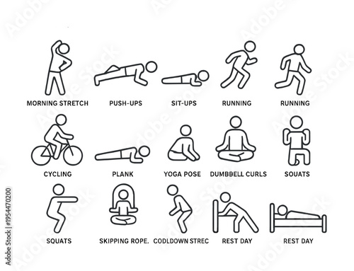 Illustrated workout routine: stretch, exercise, and rest activities