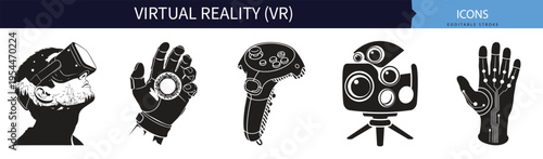 Virtual reality headset immersive simulation gaming and digital technology vector icon set collection for modern futuristic web applications