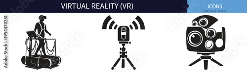 Future virtual reality simulation headset immersive gaming and cyber technology vector icon set collection for interactive digital design