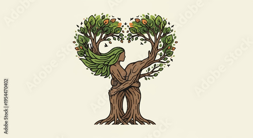 Tree spirit with green hair hugging tree trunk surrounded by lush foliage on beige background