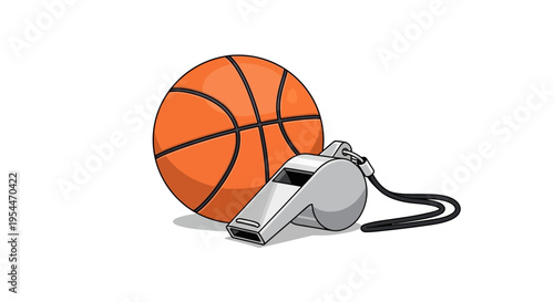 Basketball and Silver Whistle Illustration, Sports Coaching and Referee Equipment Vector Icon, Professional Game Officiating Concept on White Background