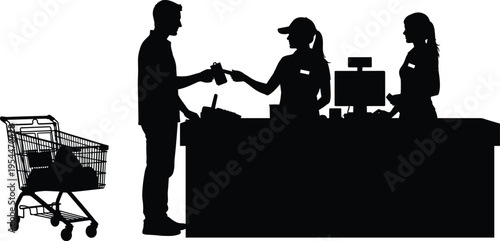 PrintCustomer at supermarket checkout silhouette, cashier at cash register, retail shopping and grocery payment vector.