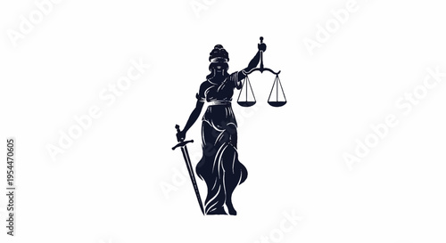 Justitia goddess of justice holding scales and sword in hand standing tall with blindfold