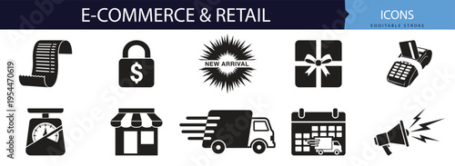 Ecommerce retail online shopping cart delivery truck and store payment vector icon set bundle for commercial digital marketplace