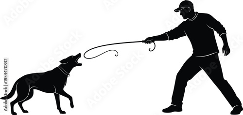 PrintDog training silhouette, handler controlling aggressive dog with leash, obedience discipline concept, vector style illustration