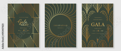 Gala invitation vector with deep green and gold geometric line pattern. Elegant Art Deco design for luxury event card, wedding invitation, premium brand announcement, and formal celebration.