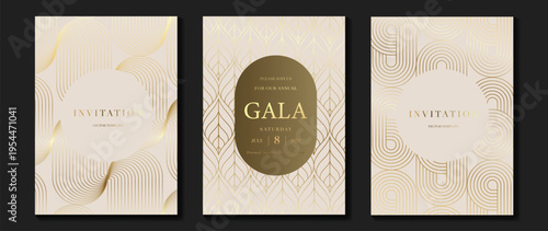 Luxury invitation card vector with cream, ivory, and soft gold wave line pattern. Elegant minimal design for wedding stationery, gala event, premium celebration, and luxury branding.