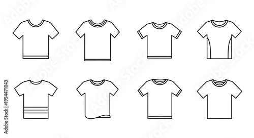 Line art illustration of eight different t shirt styles and designs