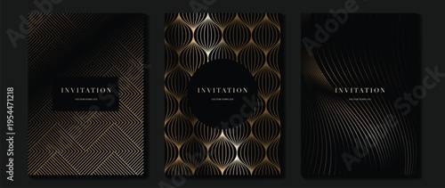 Luxury black invitation vector with gold geometric arches, circles, and striped Art Deco pattern. Elegant premium card design for gala event, wedding, luxury brand, and celebration.