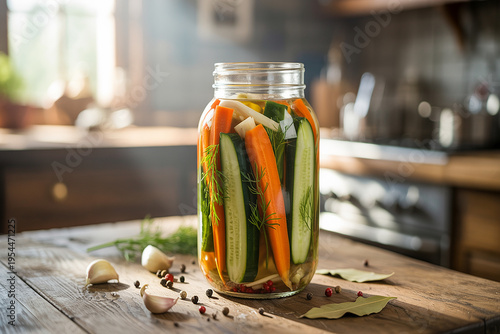 Pickled vegetables in a glass jar on a wooden table