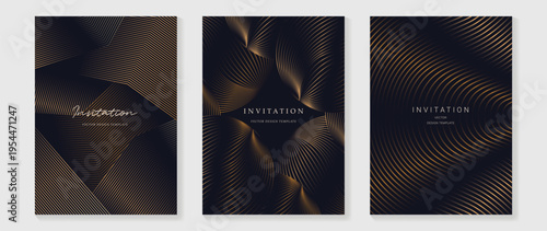 Luxury invitation cover vector with black background and flowing gold abstract wave lines. Elegant premium design for wedding invitation, gala event, luxury brand card, and celebration.