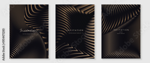 Luxury invitation cover vector with black background and metallic gold abstract ribbon line pattern. Elegant premium design for gala event, wedding card, luxury brand, and celebration.