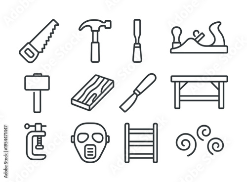 Variety of carpentry tools icon set with saw hammer chisel and plane