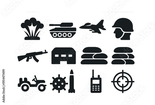 Military icons: explosive, tank, jet, soldier, weapons, jeep, missile, radio, target