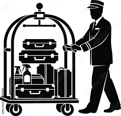 PrintHotel bellhop silhouette pushing luggage cart with suitcases, professional concierge service and luxury hospitality vector.