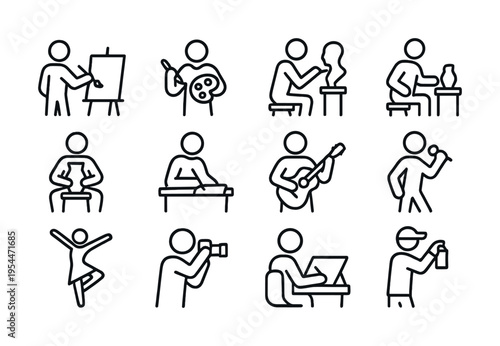 Outline illustrations of creative activities including art, music, pottery, photography, dance