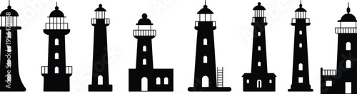 PrintLighthouse silhouette icons set for maritime navigation, coastal safety, nautical sea landmarks and ocean beacon vector.