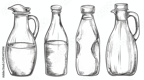 Line art illustration of four glass bottles and jugs, some with liquid inside
