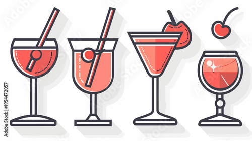 Illustration of four pink cocktails with straws, cherries, in decorative glasses, isolated