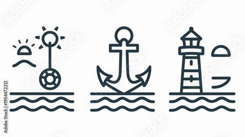 Minimalist line art of maritime icons buoy, anchor, lighthouse and sunset