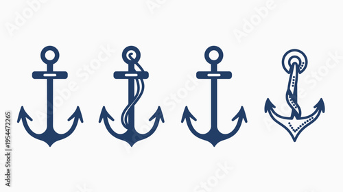 Four navy blue anchor illustrations with unique styles on a clean white background