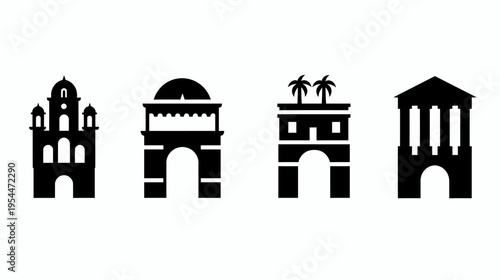 A row of four architectural monuments in stark black silhouette