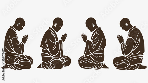 Four figures kneeling in prayer, side view, brown on white background, stylized vector