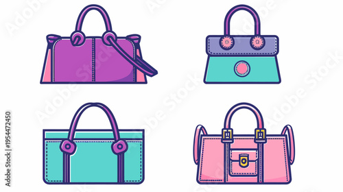 Cute cartoon illustration with four purses in pink, turquoise, & purple hues