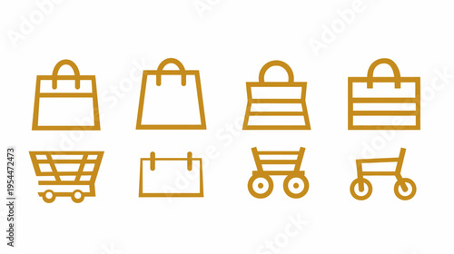 Graphic elements display shopping bags and carts in line-art icons, golden on white