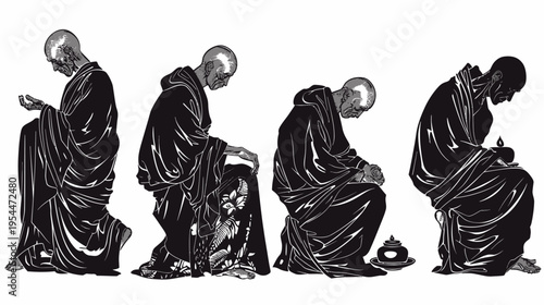 Four monks in contemplation, monochrome illustration