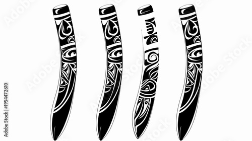 Abstracted drawing of four black patterned wooden implements with curved tapered forms