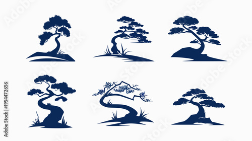 Six dark blue bonsai tree silhouettes, each unique and stylized on a white background