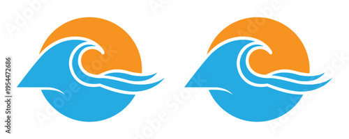 Blue Ocean Wave and Orange Sun Logo for Surf Branding, Coastal Tourism, Summer Vacation Marketing, and Maritime Adventure Graphics
