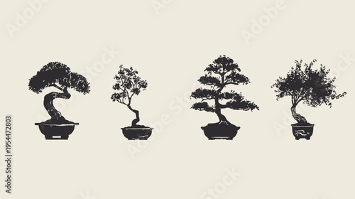 Silhouetted bonsai trees stand in a row with various shapes against a beige background