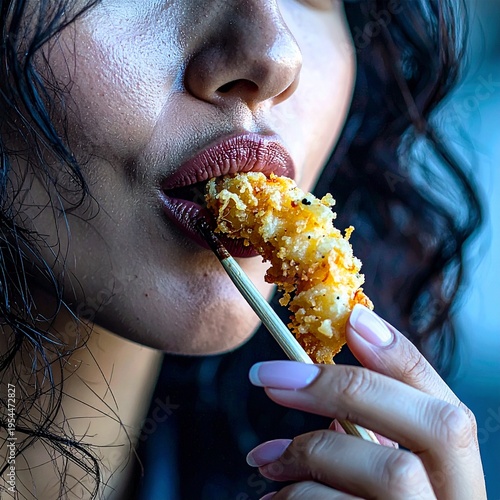 Lush red lips part for a perfect, crispy gold shrimp tempura bite. Food as art, a moment of focus and flavor