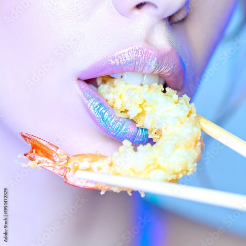 Lush red lips part for a perfect, crispy gold shrimp tempura bite. Food as art, a moment of focus and flavor