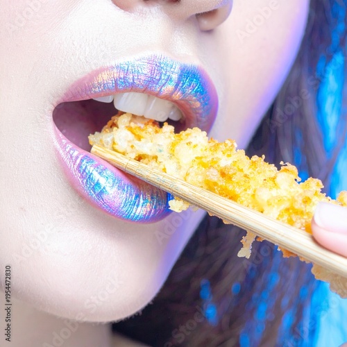 Lush red lips part for a perfect, crispy gold shrimp tempura bite. Food as art, a moment of focus and flavor