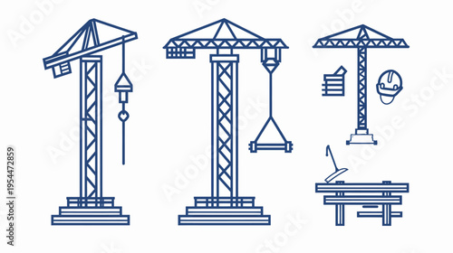 Line art of three construction cranes, hardhat, and tool stand, dark blue on white
