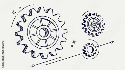 Vector gear icon. Industrial design, automation. Black outlines of mechanical wheels on white. Engine or gearbox parts.