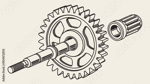 Vector gear icon. Industrial design, automation. Black outlines of mechanical wheels on white. Engine or gearbox parts.