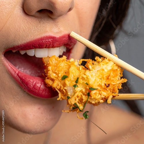 A hyper-realistic macro shot capturing a sensual, honey-drizzled tempura shrimp being eaten. The crispy texture contrasts vividly with glossy, wet lips.