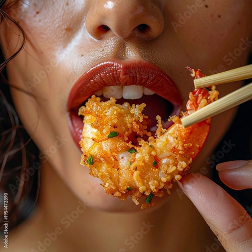 A hyper-realistic macro shot capturing a sensual, honey-drizzled tempura shrimp being eaten. The crispy texture contrasts vividly with glossy, wet lips.