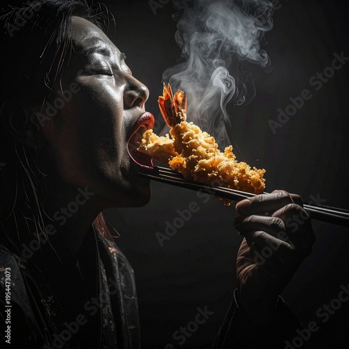 Gray stone-like features contrast with deep-red lips as dynamic smoke billows from a piping-hot golden tempura shrimp being eaten with dark chopsticks