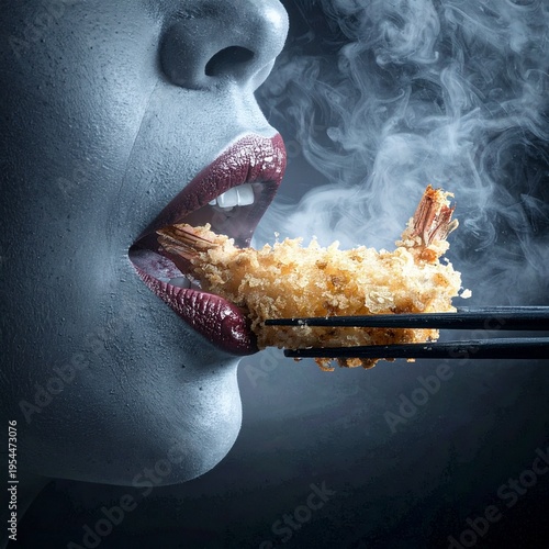 Gray stone-like features contrast with deep-red lips as dynamic smoke billows from a piping-hot golden tempura shrimp being eaten with dark chopsticks