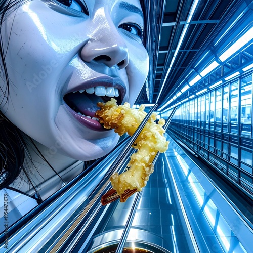 A sleek cyborg devours a crispy shrimp tempura skewer, held by precision metal chopsticks, over a vast, illuminated matrix of tech keyboards. High-tech dining fusion