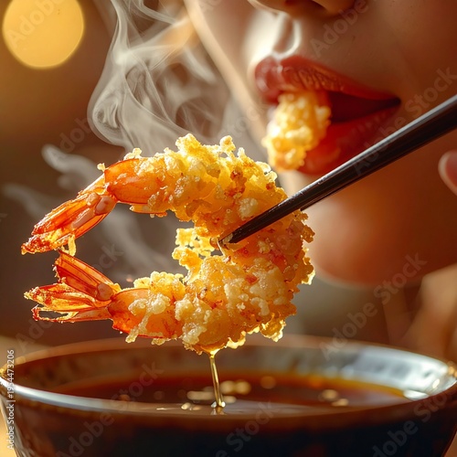 A hyper-realistic macro shot capturing a sensual, honey-drizzled tempura shrimp being eaten. The crispy texture contrasts vividly with glossy, wet lips.